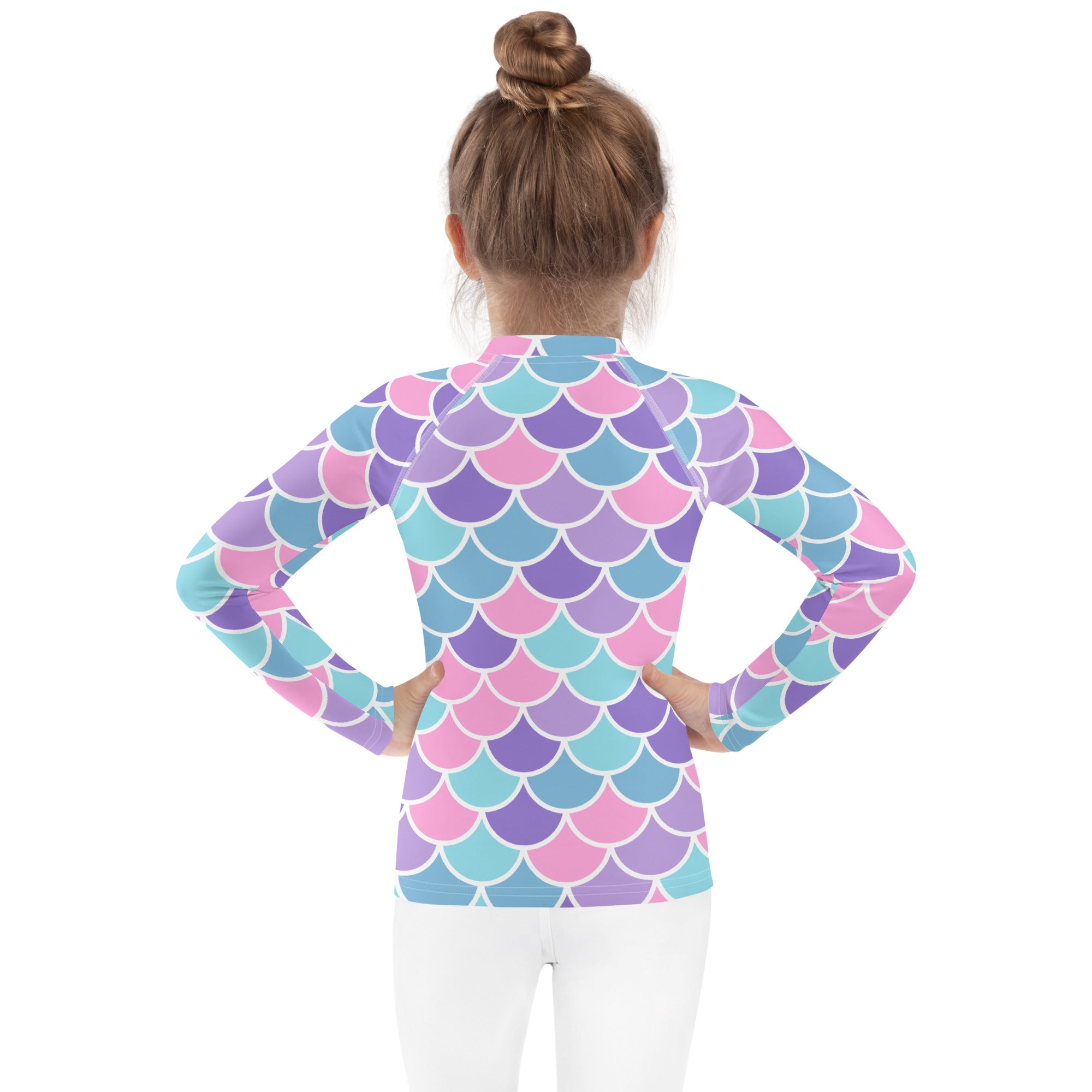 Girls pastel mermaid scales long sleeve rash guard swim shirt with vibrant pastel pink purple teal scale pattern and UPF 50+
