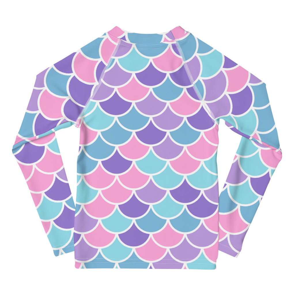 Girls pastel mermaid scales long sleeve rash guard swim shirt with upf 50 plus featuring vibrant pink purple and blue scale pattern