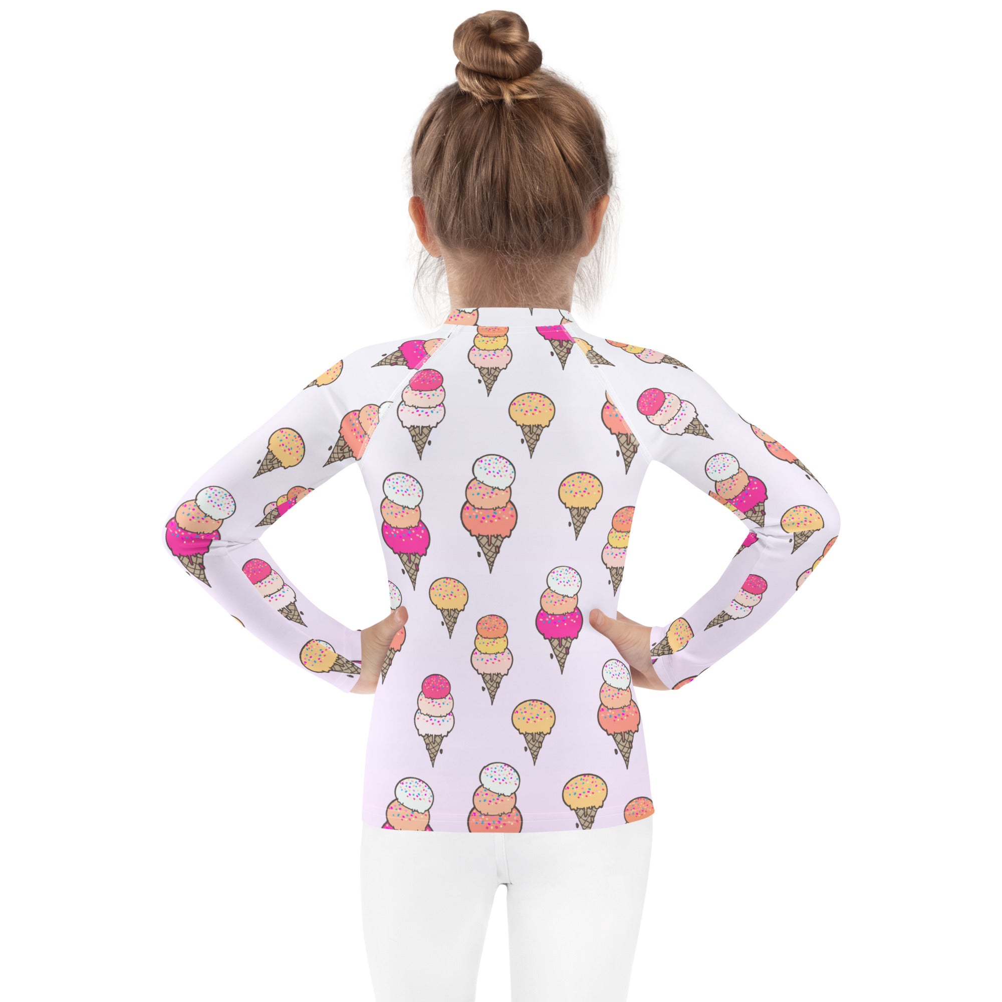 Girls ice cream cone long sleeve rash guard swim shirt with UPF 50 plus featuring colorful ice cream cone pattern