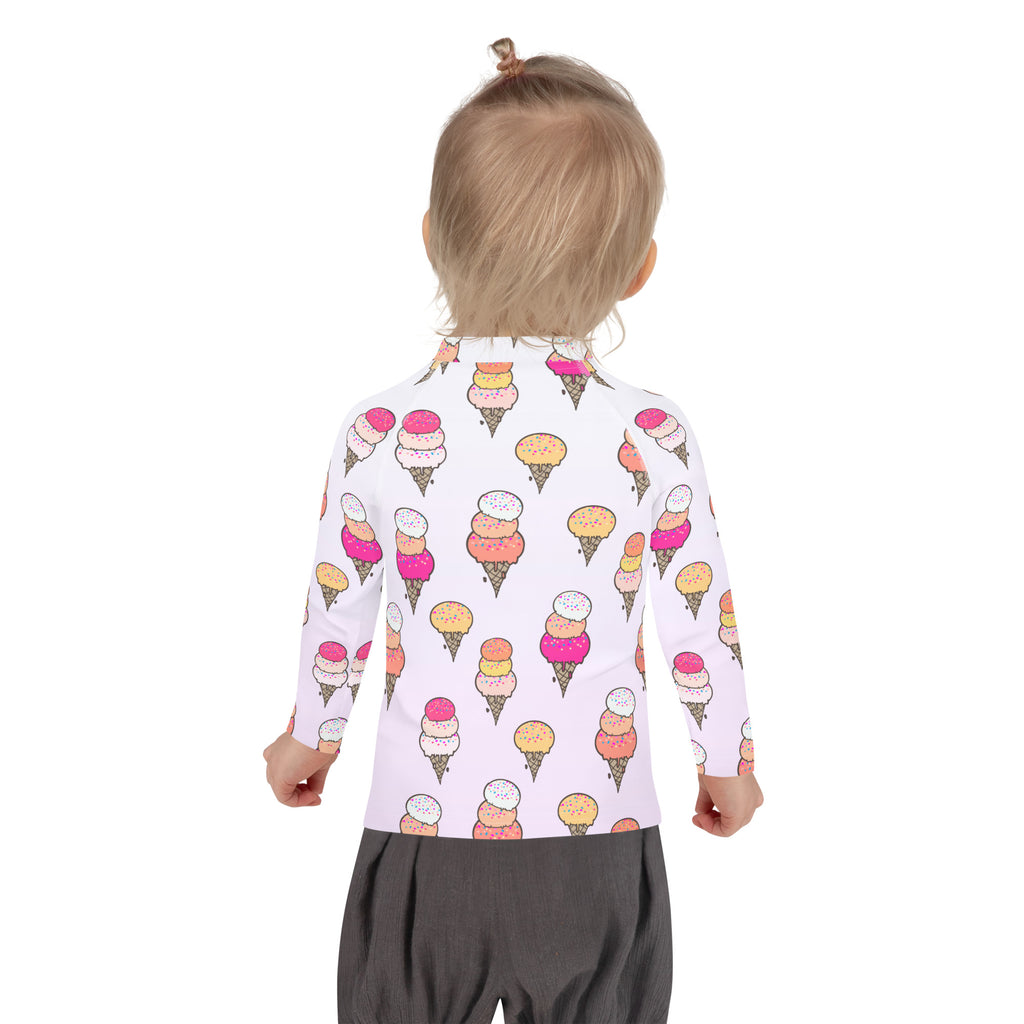 Girls ice cream cone long sleeve white rash guard swim shirt with colorful ice cream pattern and UPF 50 plus protection