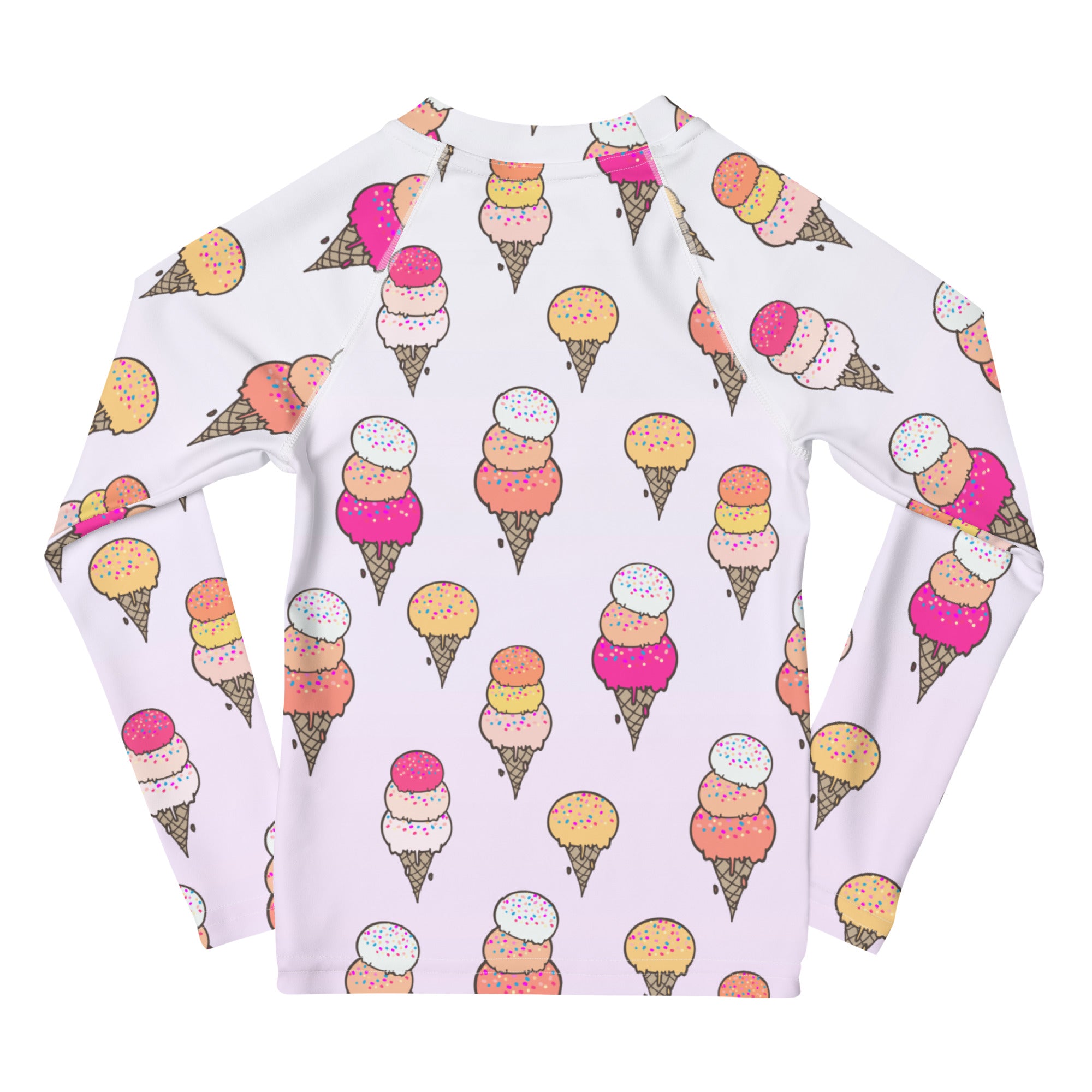 White girls long sleeve rash guard swim shirt with colorful ice cream cone pattern and upf 50 plus protection