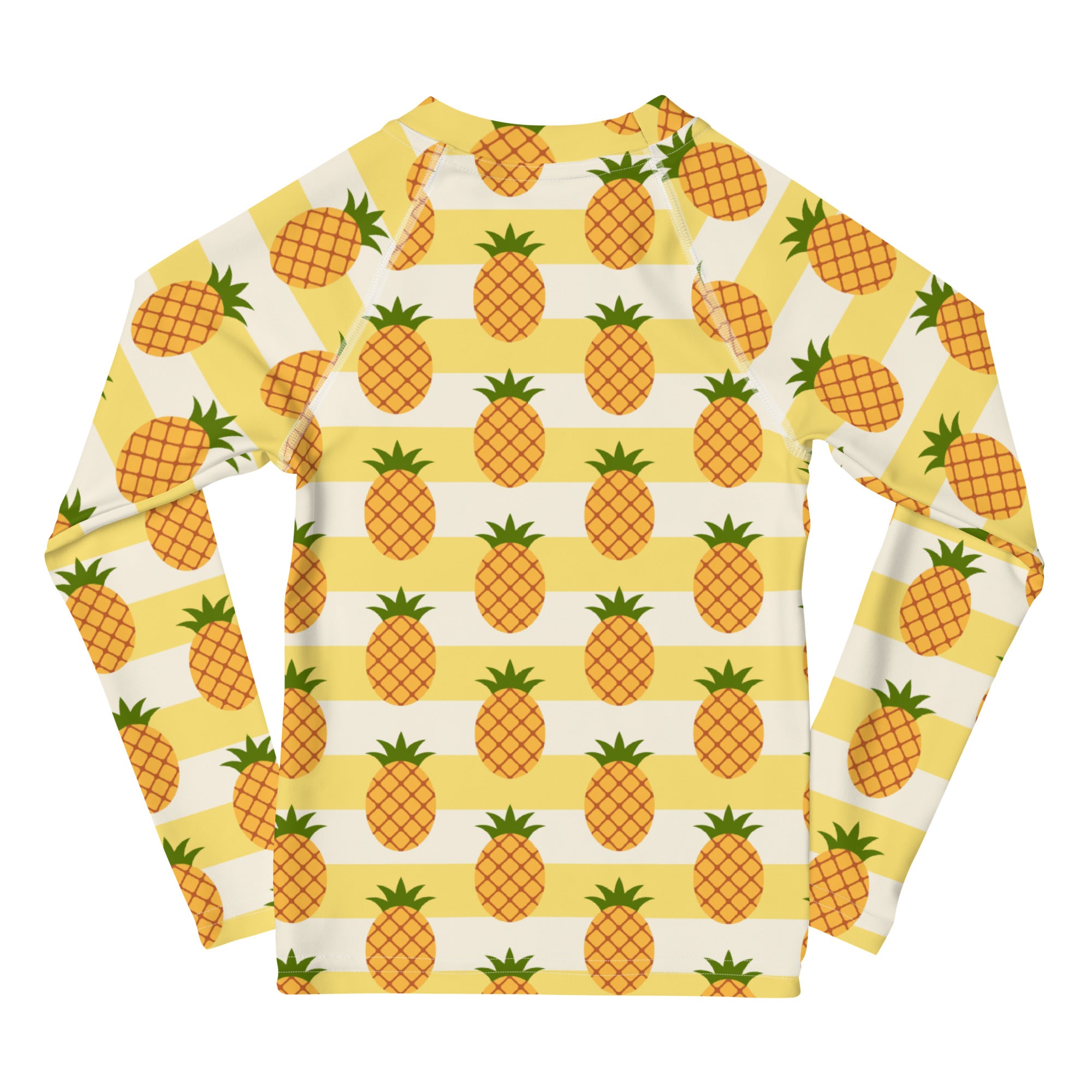 A vibrant yellow and white kids pineapple striped long sleeve rash guard swim shirt with UPF 50 plus protection