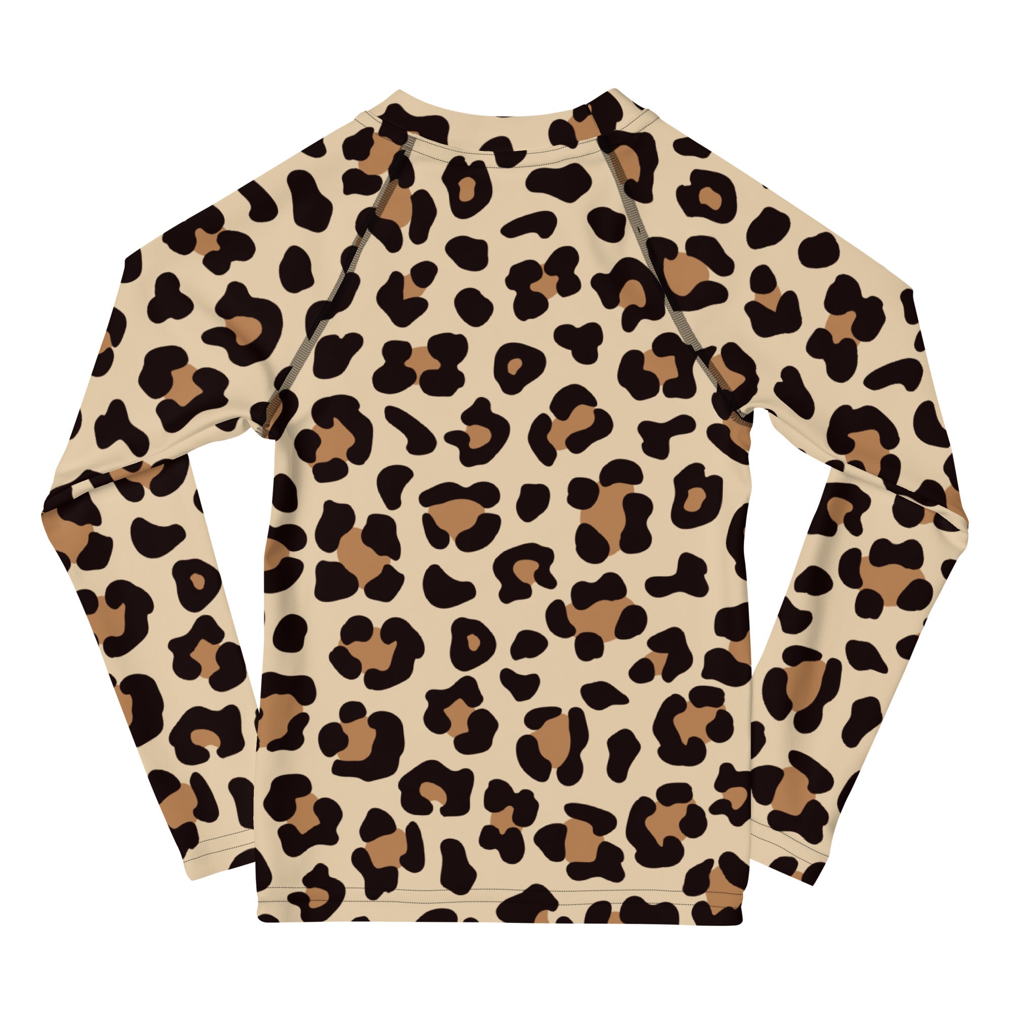 Beige kids long sleeve rash guard with bold black and tan leopard print pattern and upf 50 plus sun protection