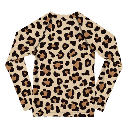 Kids Leopard Print Long Sleeve Rash Guard Swim Shirt With UPF 50+