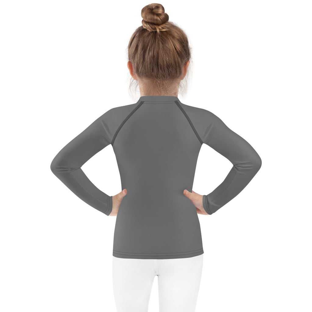 Kids gray long sleeve rash guard swim shirt with upf 50 plus high collar and raglan sleeves for sun protection