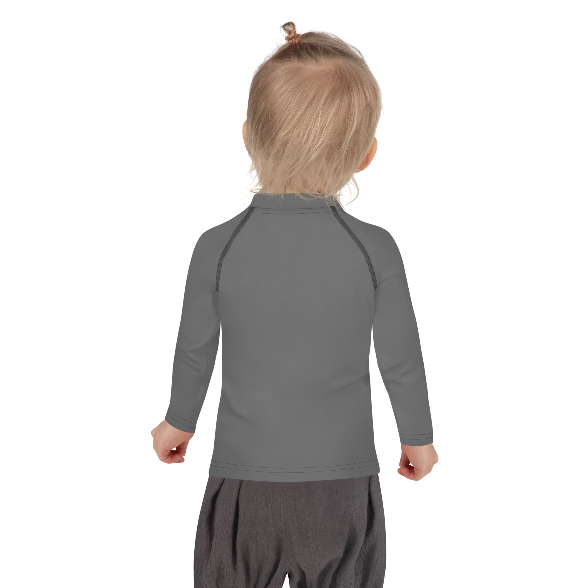 Kids gray long sleeve rash guard swim shirt with black seam detailing and UPF 50 plus sun protection