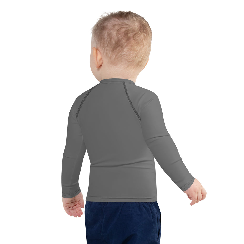 Kids gray long sleeve rash guard swim shirt with black seam detailing and upf 50 plus sun protection