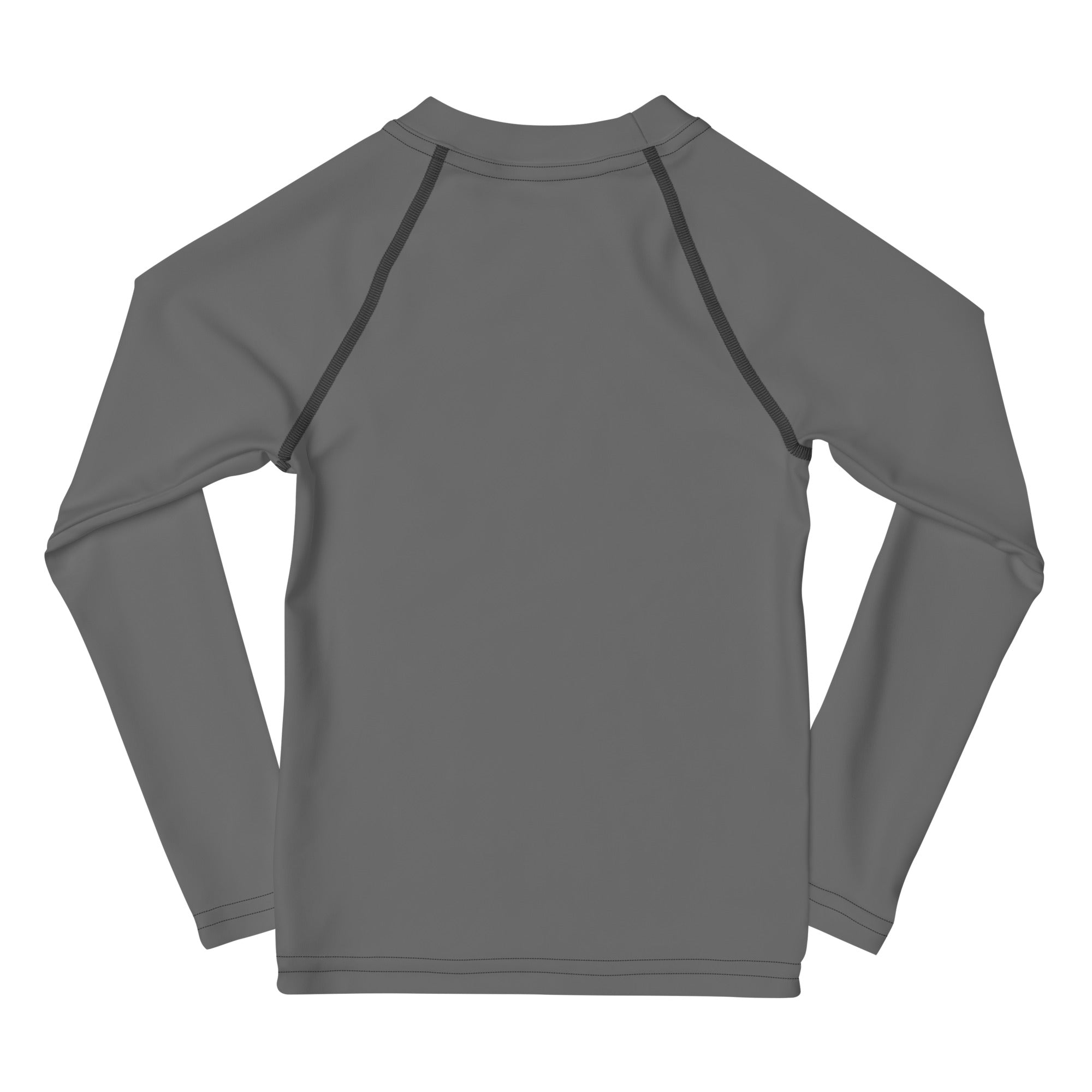 Kids gray long sleeve rash guard swim shirt with upf 50 plus featuring sleek dark gray fabric and black seam detailing
