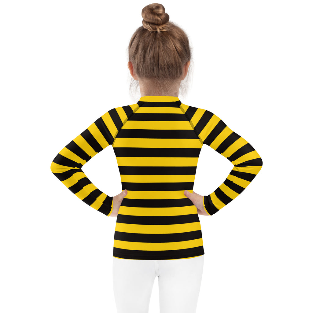 Kids bumblebee stripes long sleeve rash guard swim shirt in yellow and black with upf 50 plus for sun protection