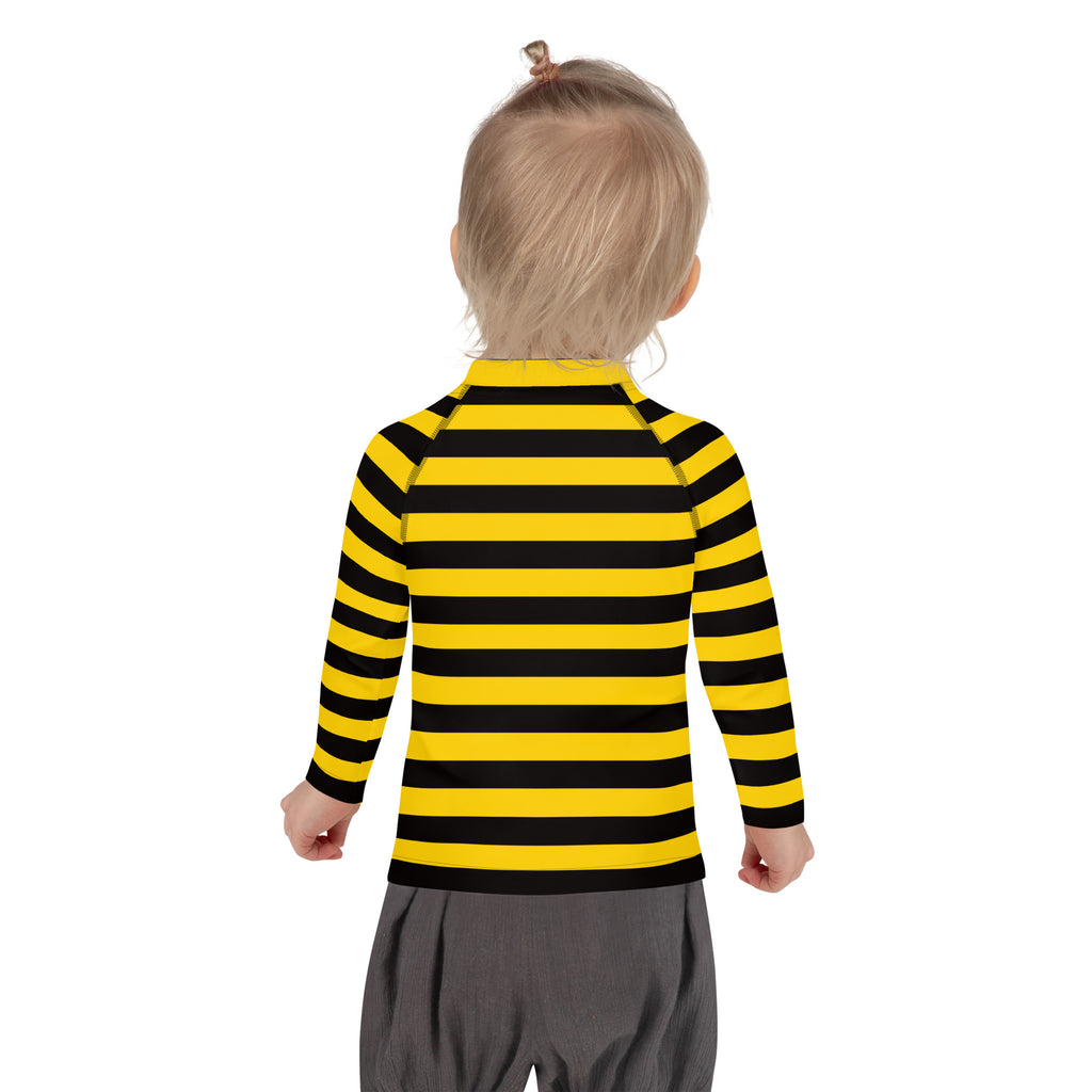 Kids bumblebee stripes long sleeve rash guard swim shirt in yellow and black with upf 50 plus for sun protection