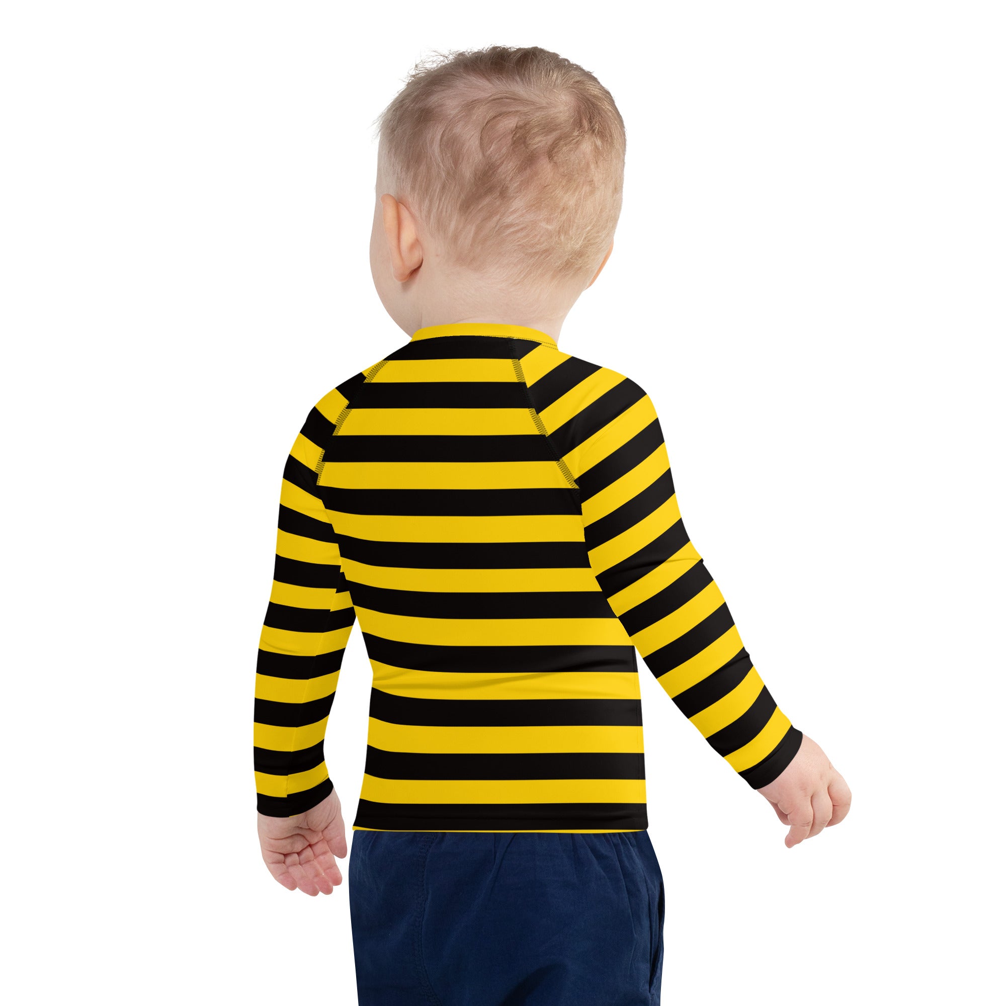 A child wearing a kids bumblebee stripes long sleeve rash guard swim shirt with UPF 50+ in yellow and black