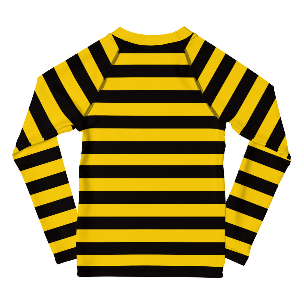 Kids bumblebee stripes long sleeve rash guard swim shirt in yellow and black with upf 50 plus for sun protection