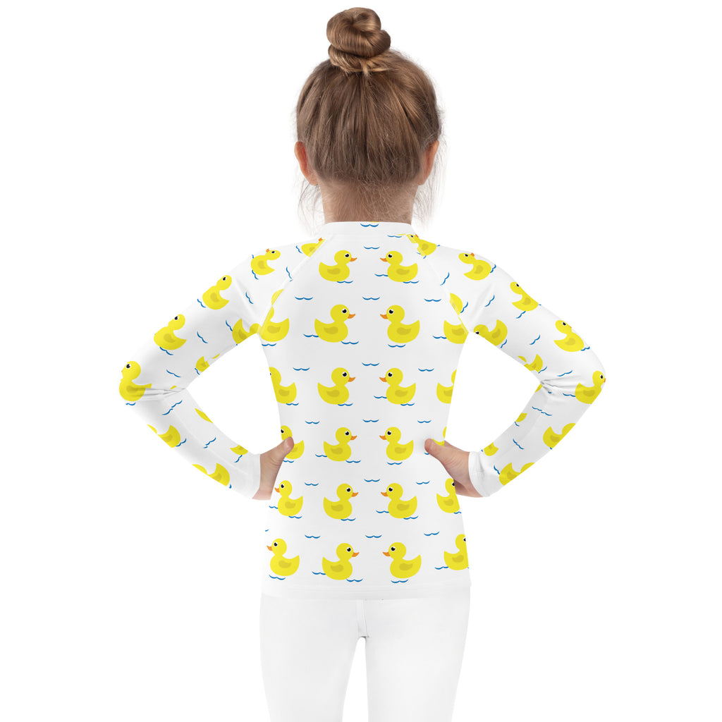 White long sleeve rash guard swim shirt with yellow rubber duck pattern and upf 50 plus for kids