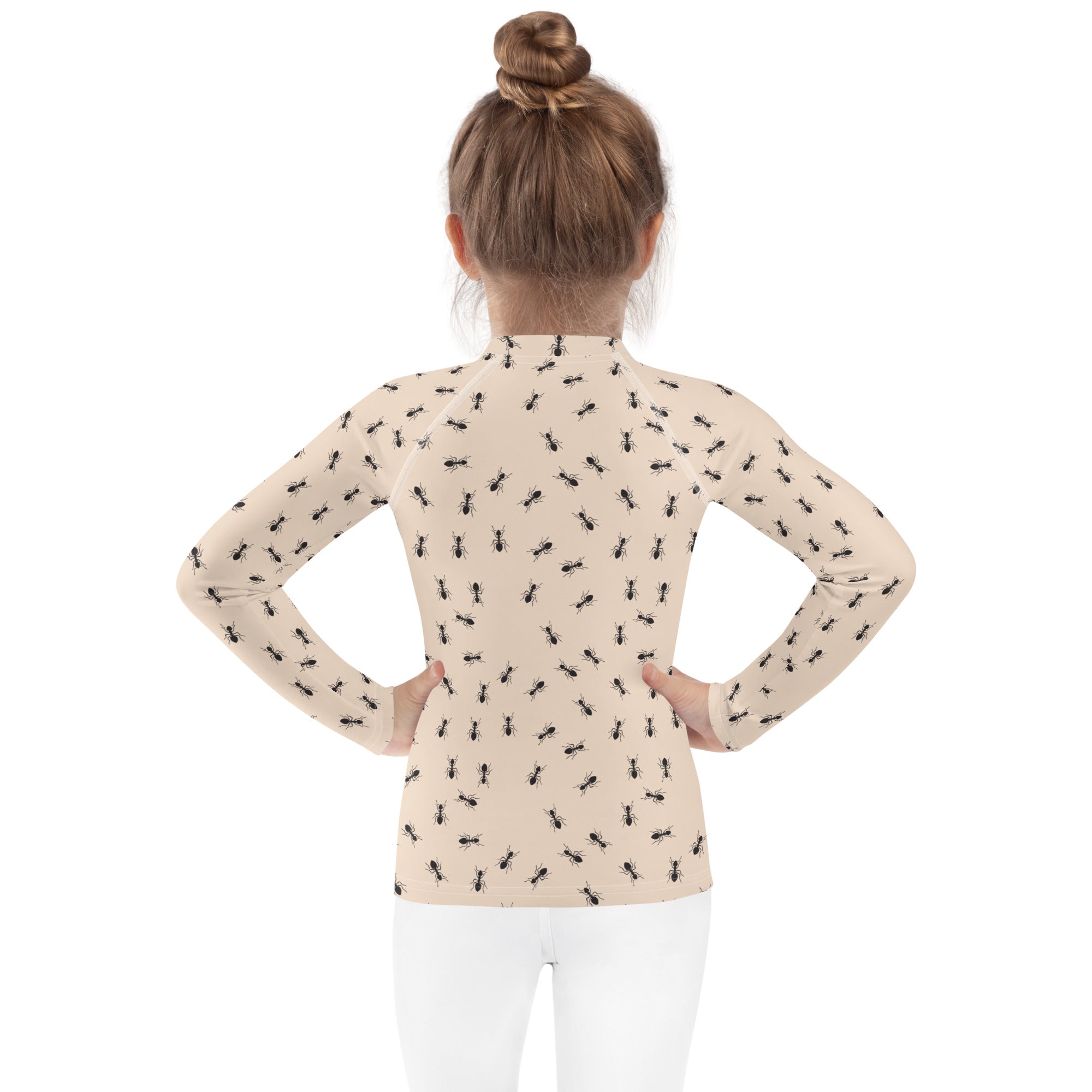 Beige kids ant pattern long sleeve rash guard swim shirt with upf 50 plus for sun protection