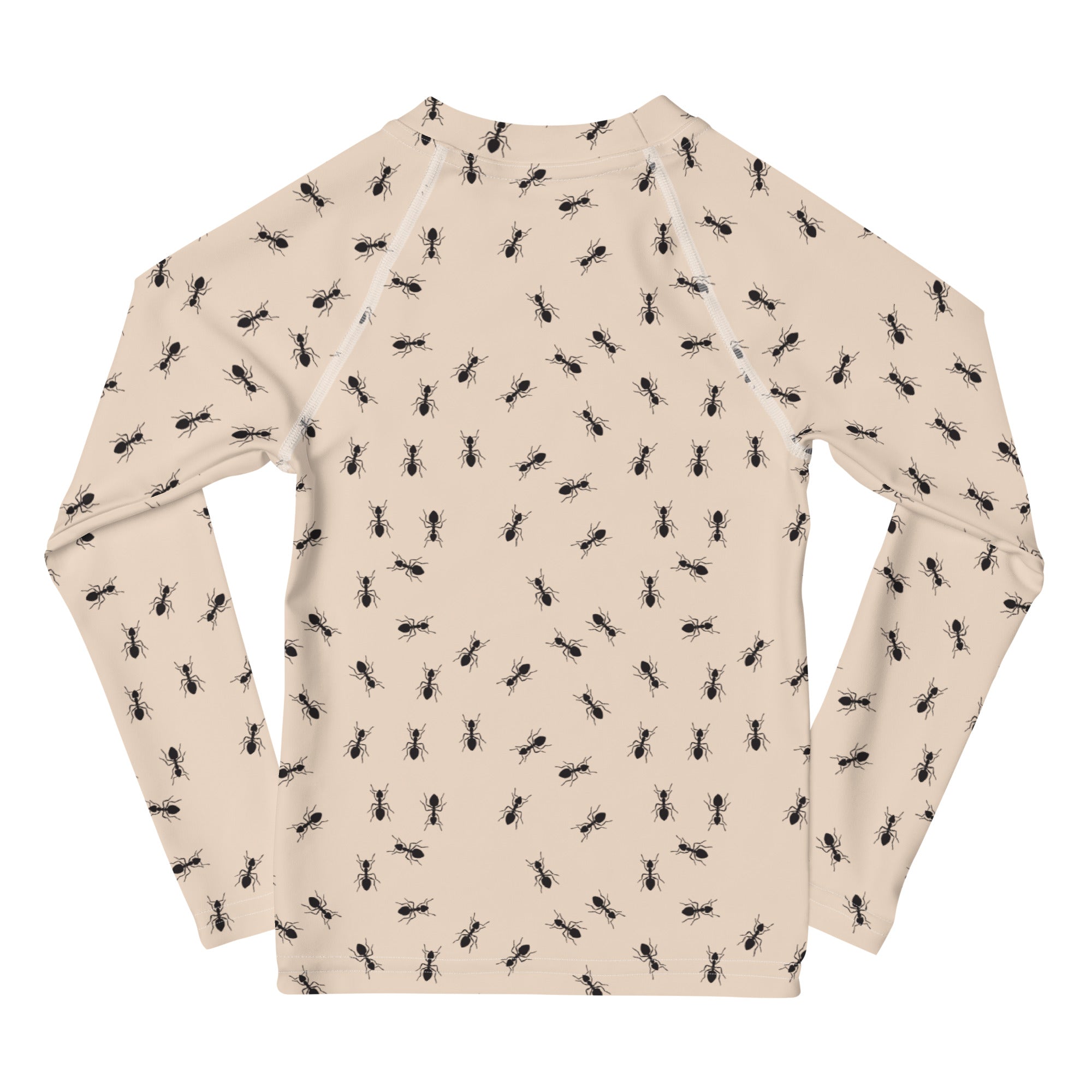 Beige long sleeve kids rash guard swim shirt with black ant pattern and UPF 50 plus sun protection