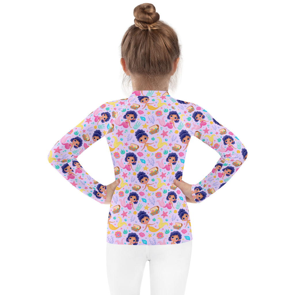 Pink girls mermaid adventure long sleeve rash guard swim shirt with playful cartoon mermaid pattern and upf 50+ protection