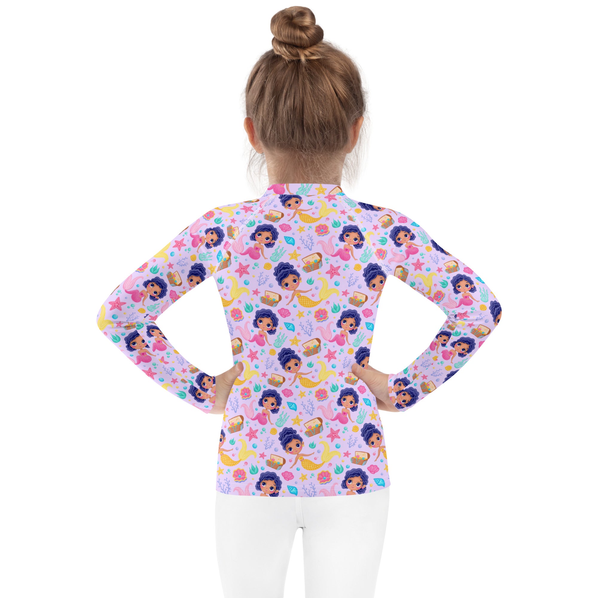 Pink girls mermaid adventure long sleeve rash guard swim shirt with playful cartoon mermaid pattern and upf 50+ protection
