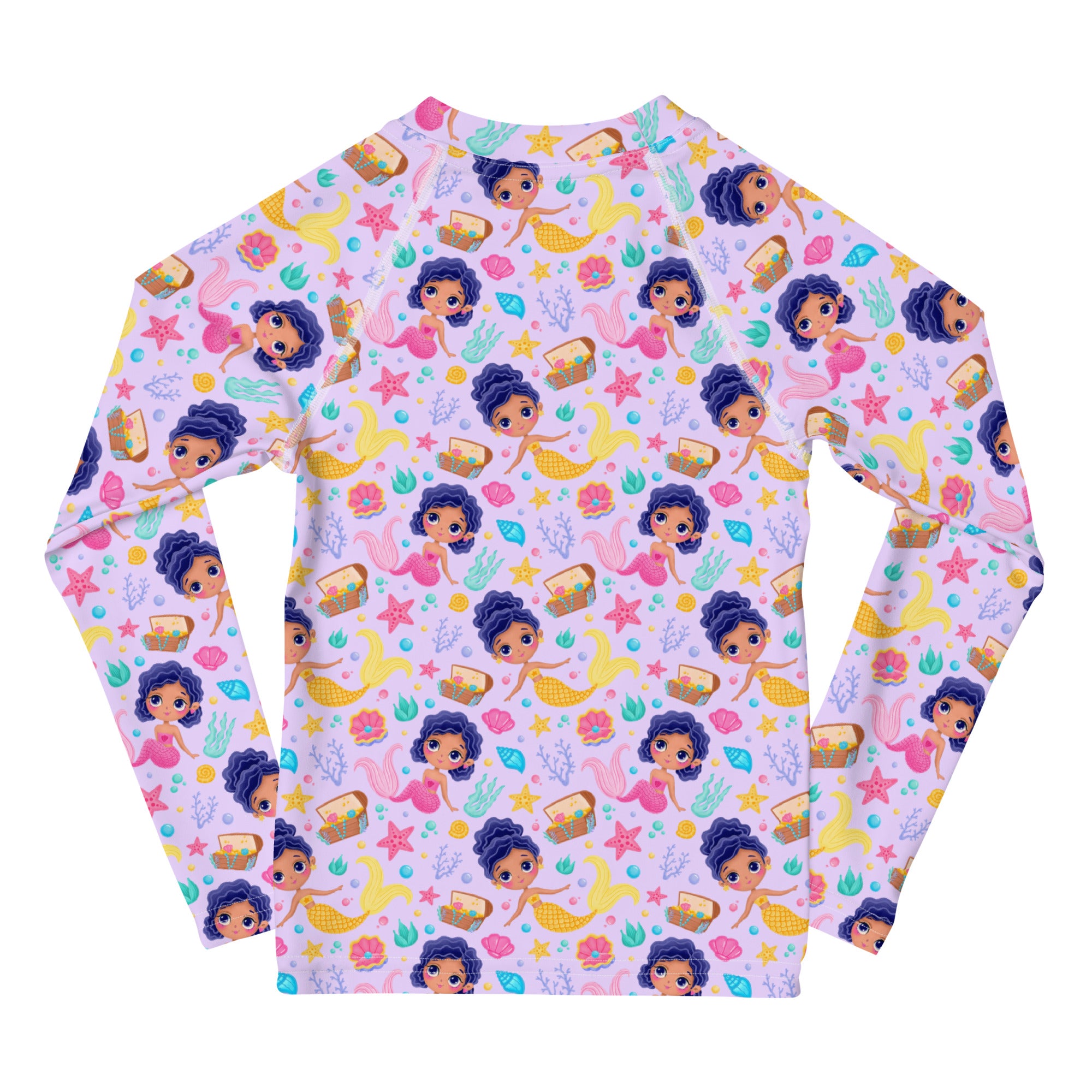 Girls mermaid adventure long sleeve rash guard swim shirt with upf 50 plus featuring dark curly hair mermaids on lavender