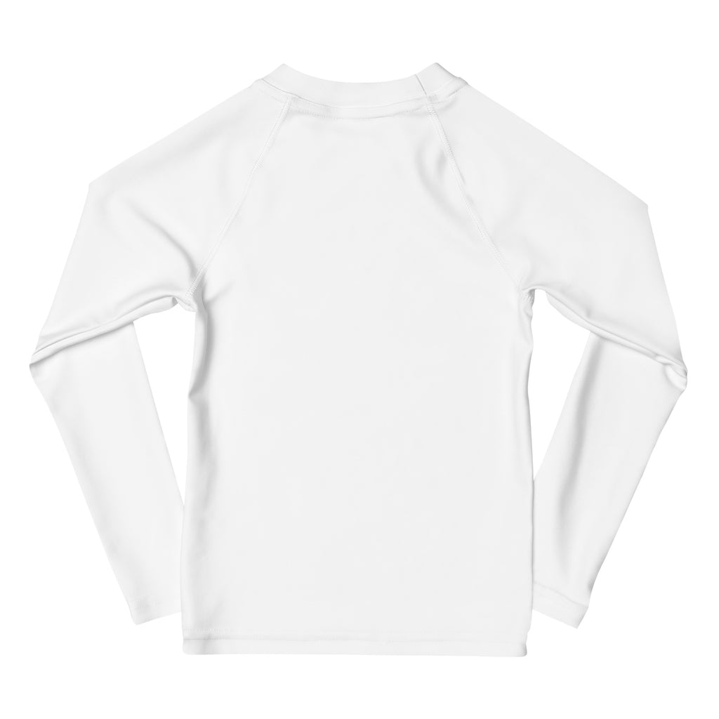 Girls caticorn long sleeve rash guard in white smooth stretchy fabric with raglan sleeves and UPF 50 plus protection