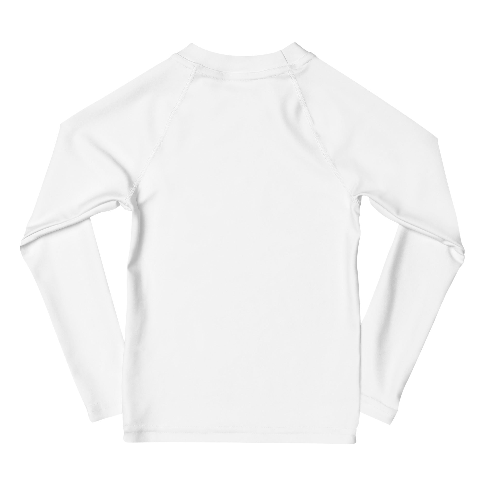 Girls caticorn long sleeve rash guard in white smooth stretchy fabric with raglan sleeves and UPF 50 plus protection