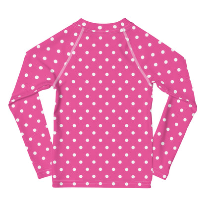Girls Pink Polka Dot Long Sleeve Rash Guard Swim Shirt With UPF 50+