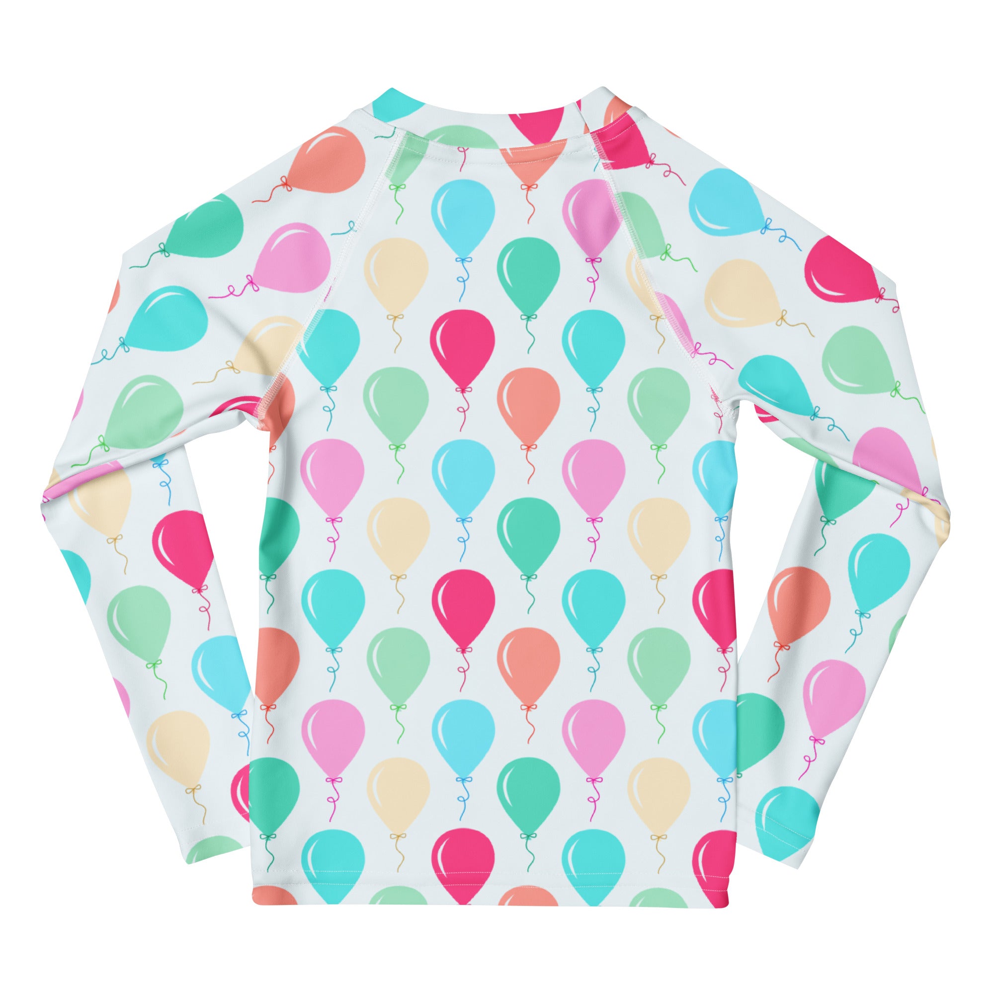 White long sleeve rash guard with colorful balloons pattern in pink teal green orange yellow upf 50 plus swim shirt