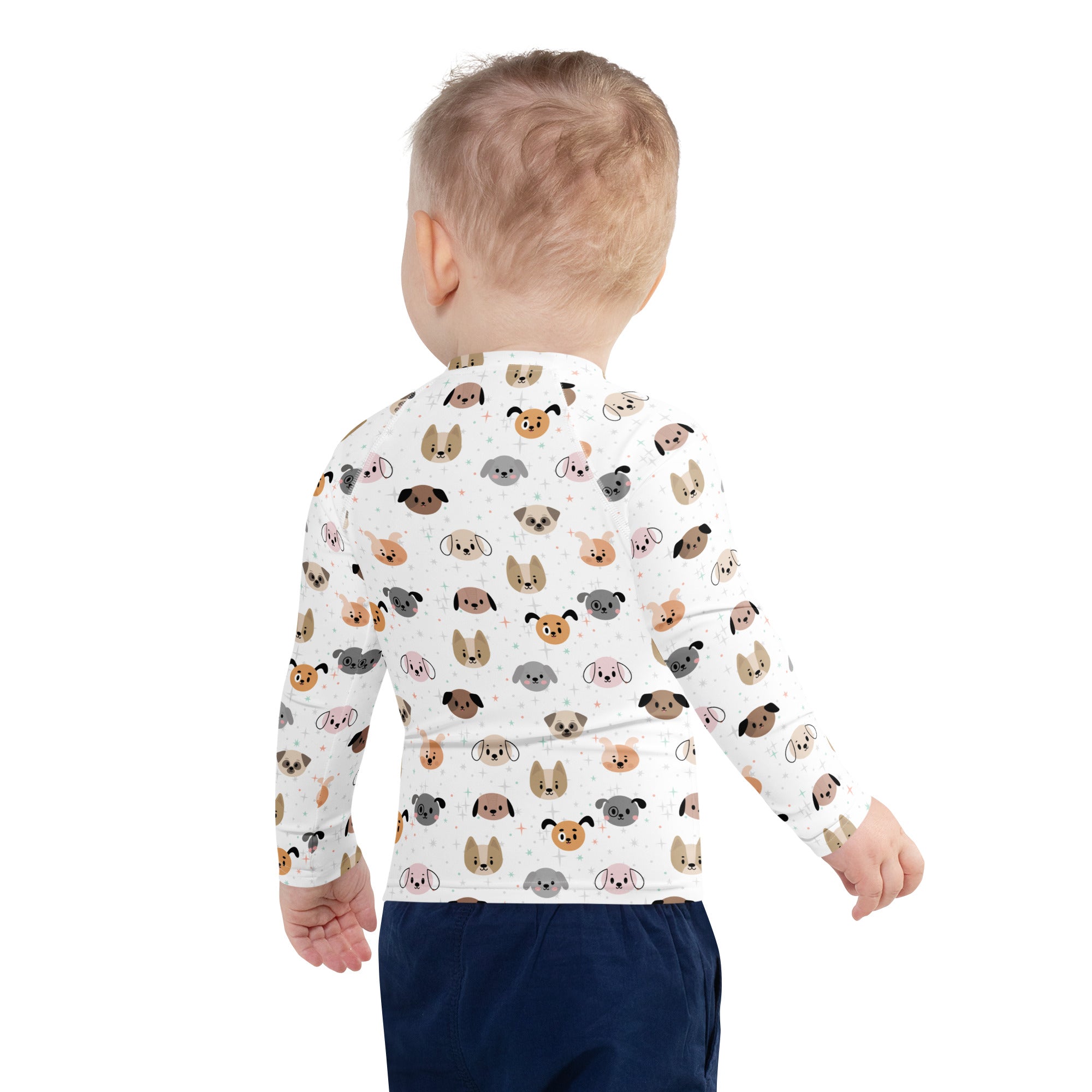 White long-sleeved rash guard swim shirt with upf 50 plus and colorful cartoon dog pattern for birthday boys