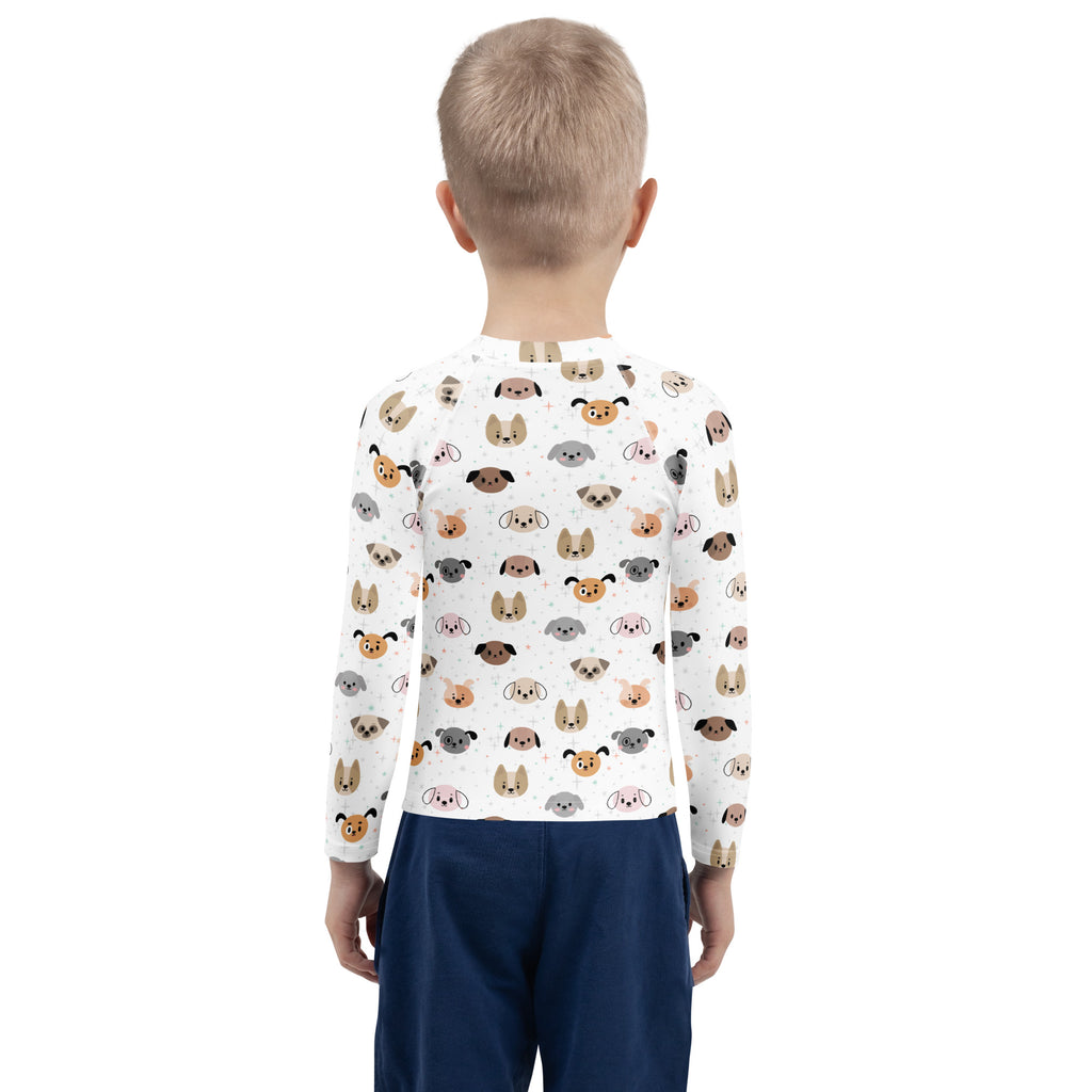 White long sleeve rash guard swim shirt with upf 50 plus featuring colorful cartoon dog faces for boys birthday