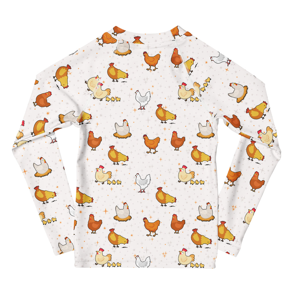 White long-sleeve rash guard swim shirt with playful orange yellow and white cartoon chicken pattern and upf 50+