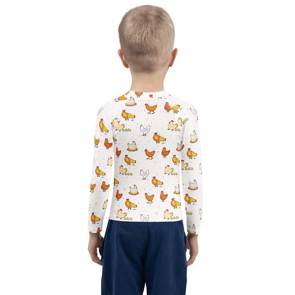 White long-sleeved birthday boy rash guard swim shirt with upf 50+ featuring colorful cartoon chicken pattern