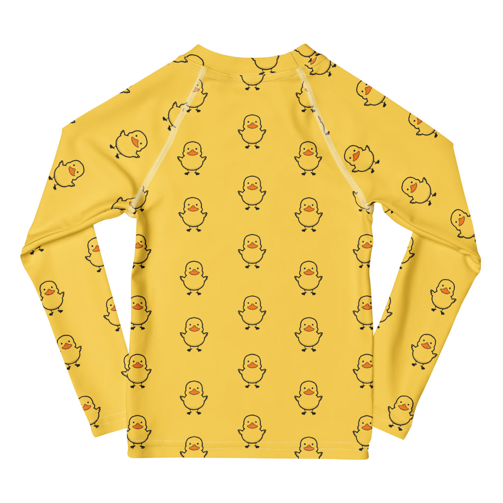Yellow long sleeve rash guard swim shirt with cartoon duckling pattern and UPF 50+ sun protection for boys