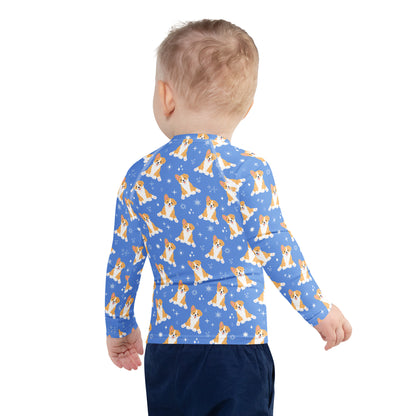 Birthday Boy Blue Corgi Dog Long Sleeve Rash Guard Swim Shirt With UPF 50+