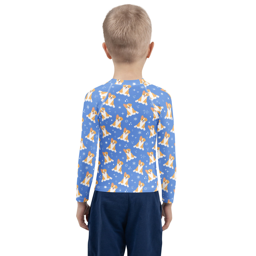 Birthday Boy Blue Corgi Dog Long Sleeve Rash Guard Swim Shirt With UPF 50+