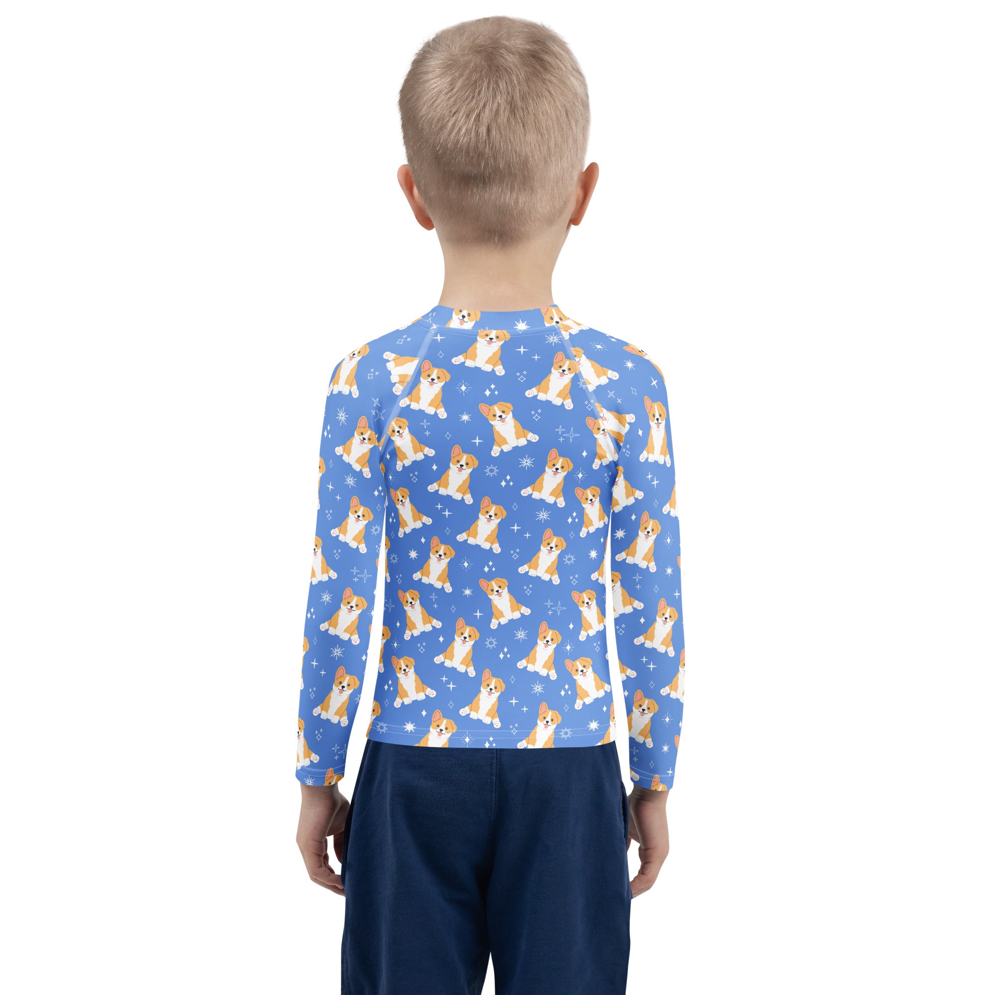 Birthday Boy Blue Corgi Dog Long Sleeve Rash Guard Swim Shirt With UPF 50+