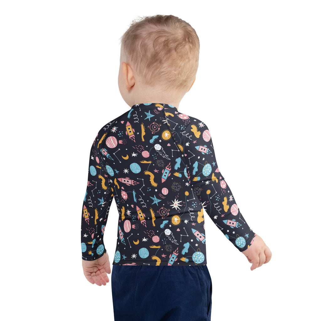 Birthday Boy Outer Space Long Sleeve Rash Guard Swim Shirt With UPF 50+