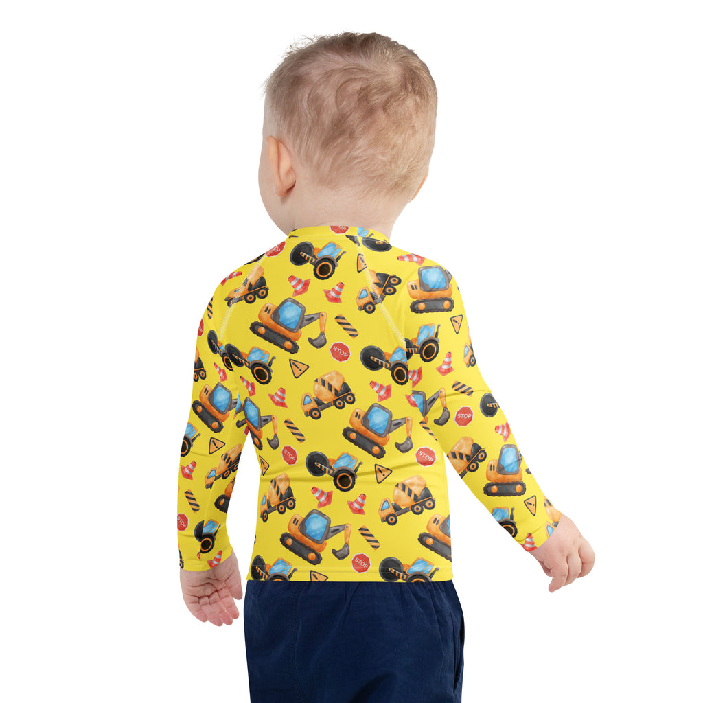 Birthday Boy Construction Themed Long Sleeve Rash Guard Swim Shirt With UPF 50+