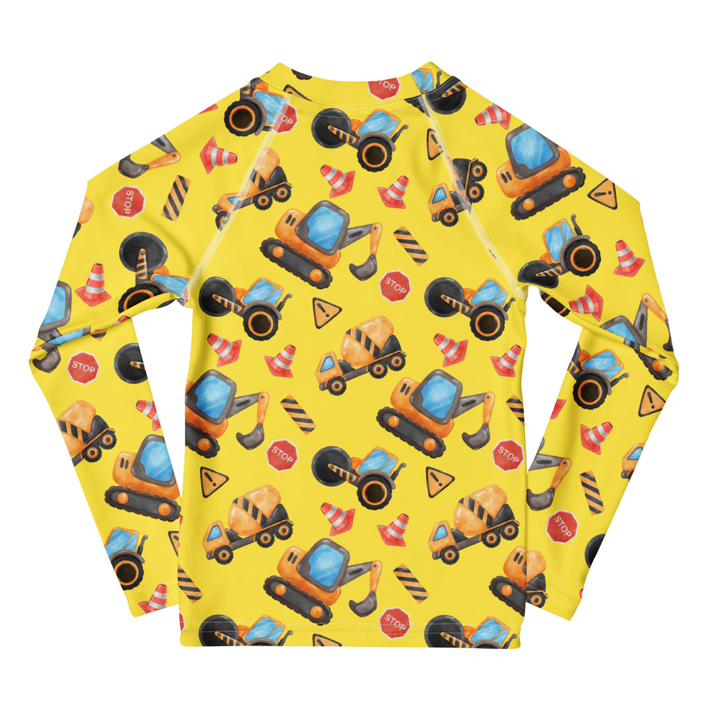 Birthday Boy Construction Themed Long Sleeve Rash Guard Swim Shirt With UPF 50+