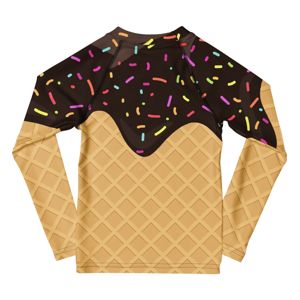 Birthday boy chocolate ice cream cone long sleeve rash guard swim shirt with UPF 50 plus waffle cone design