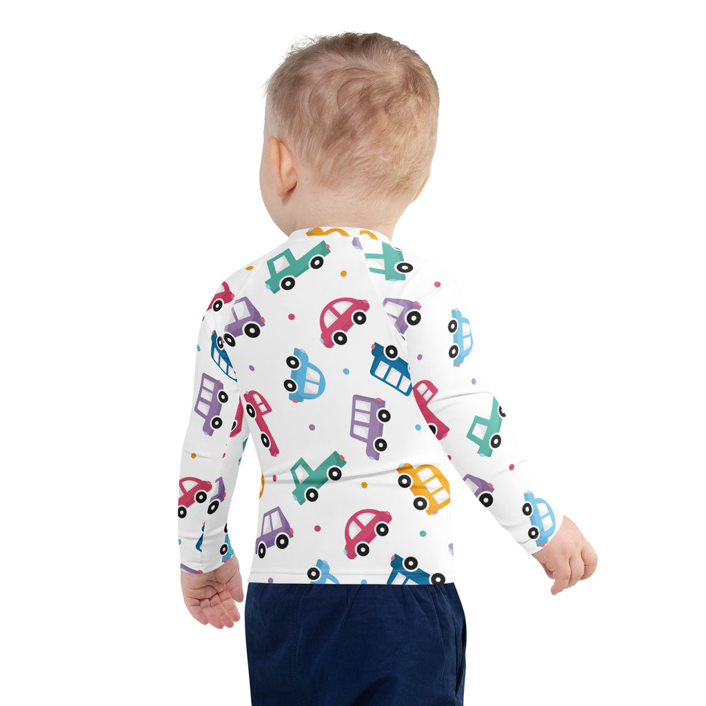 White long sleeve kids rash guard swim shirt with colorful cartoon cars and upf 50 plus sun protection