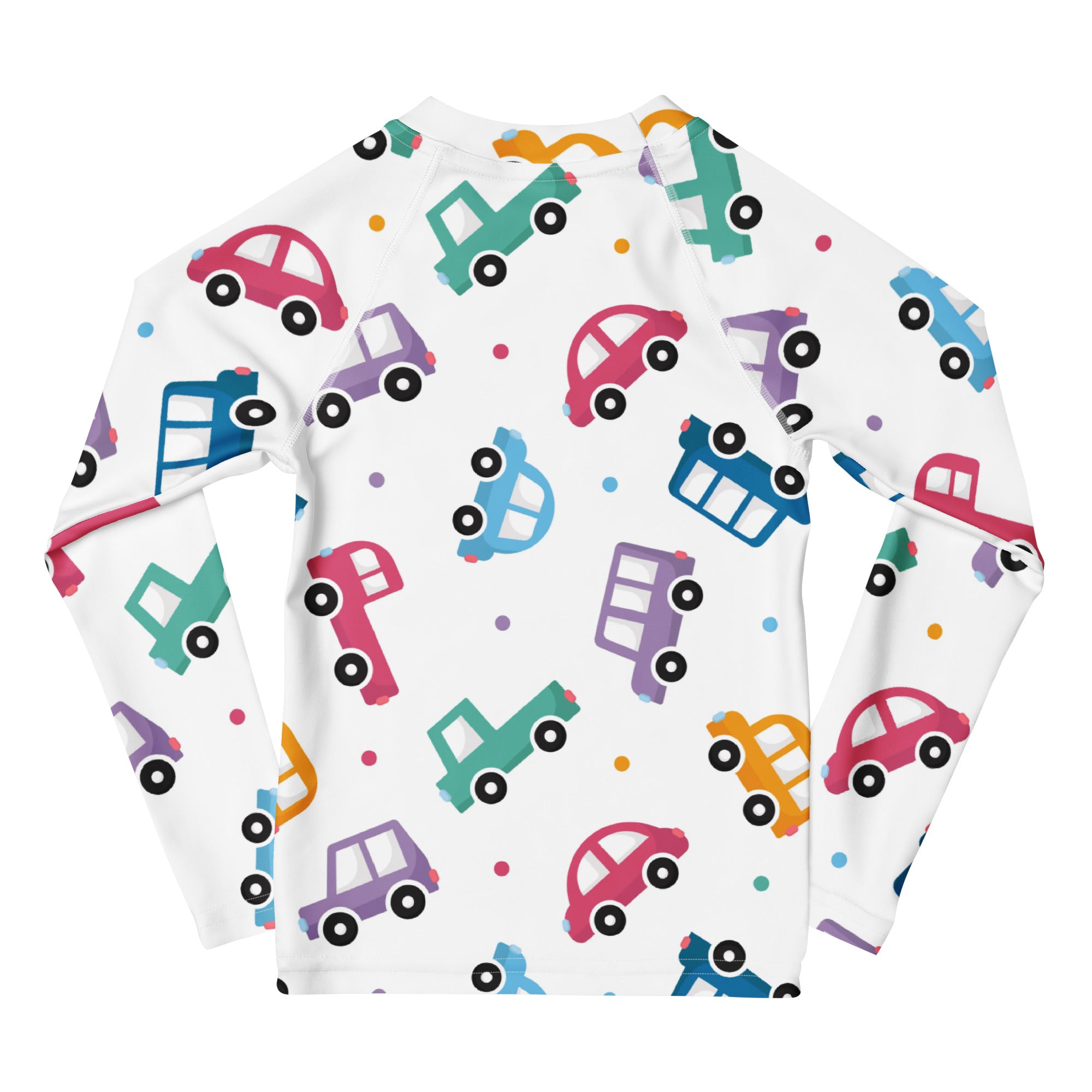 White long sleeve rash guard swim shirt with colorful cartoon cars in pink blue green purple and orange and upf 50+ protection