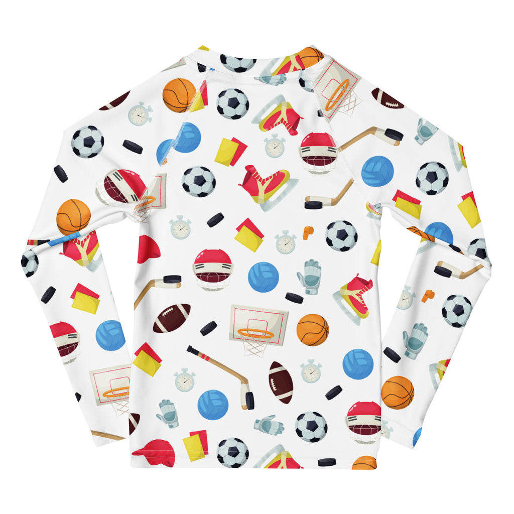 Kids sports themed long sleeve rash guard swim shirt with upf 50 white with colorful sports balls and gear pattern