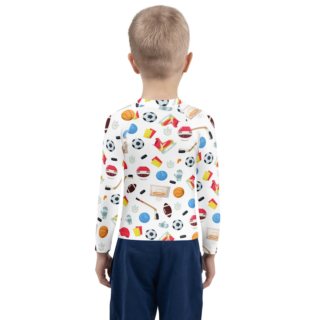 White long sleeve kids rash guard swim shirt with colorful sports pattern and upf 50 plus sun protection