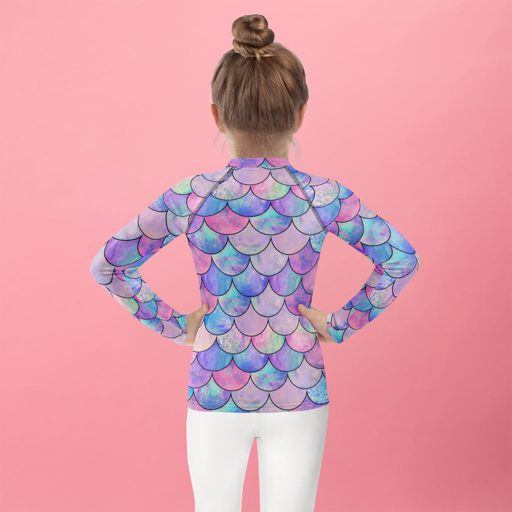 Girls Pastel Mermaid Long Sleeve Rash Guard Swim Shirt With UPF 50+