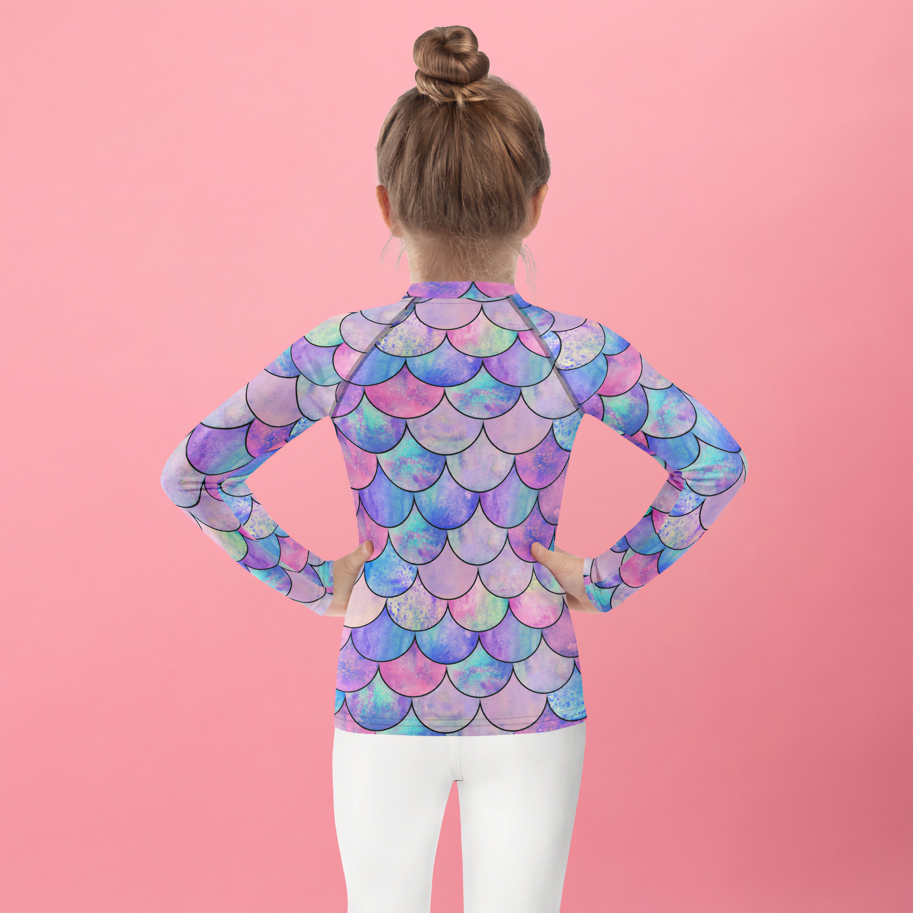 Girls Pastel Mermaid Long Sleeve Rash Guard Swim Shirt With UPF 50+