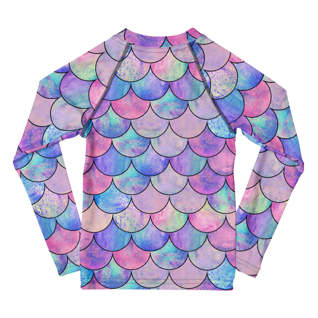Girls Pastel Mermaid Long Sleeve Rash Guard Swim Shirt With UPF 50+