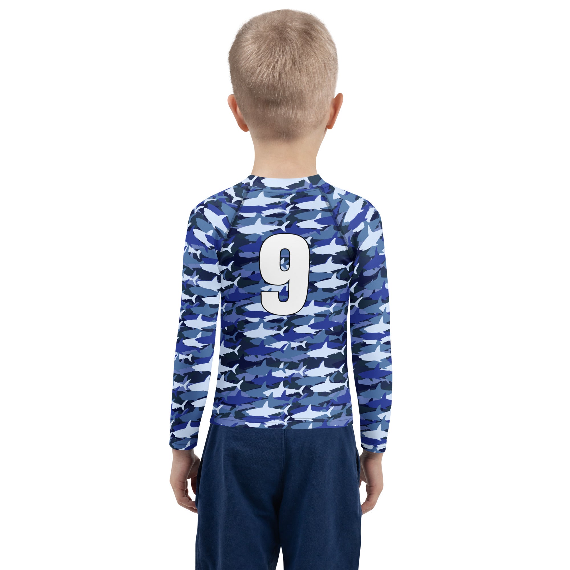 Custom Birthday Boy Shark Rash Guard With Age On Back