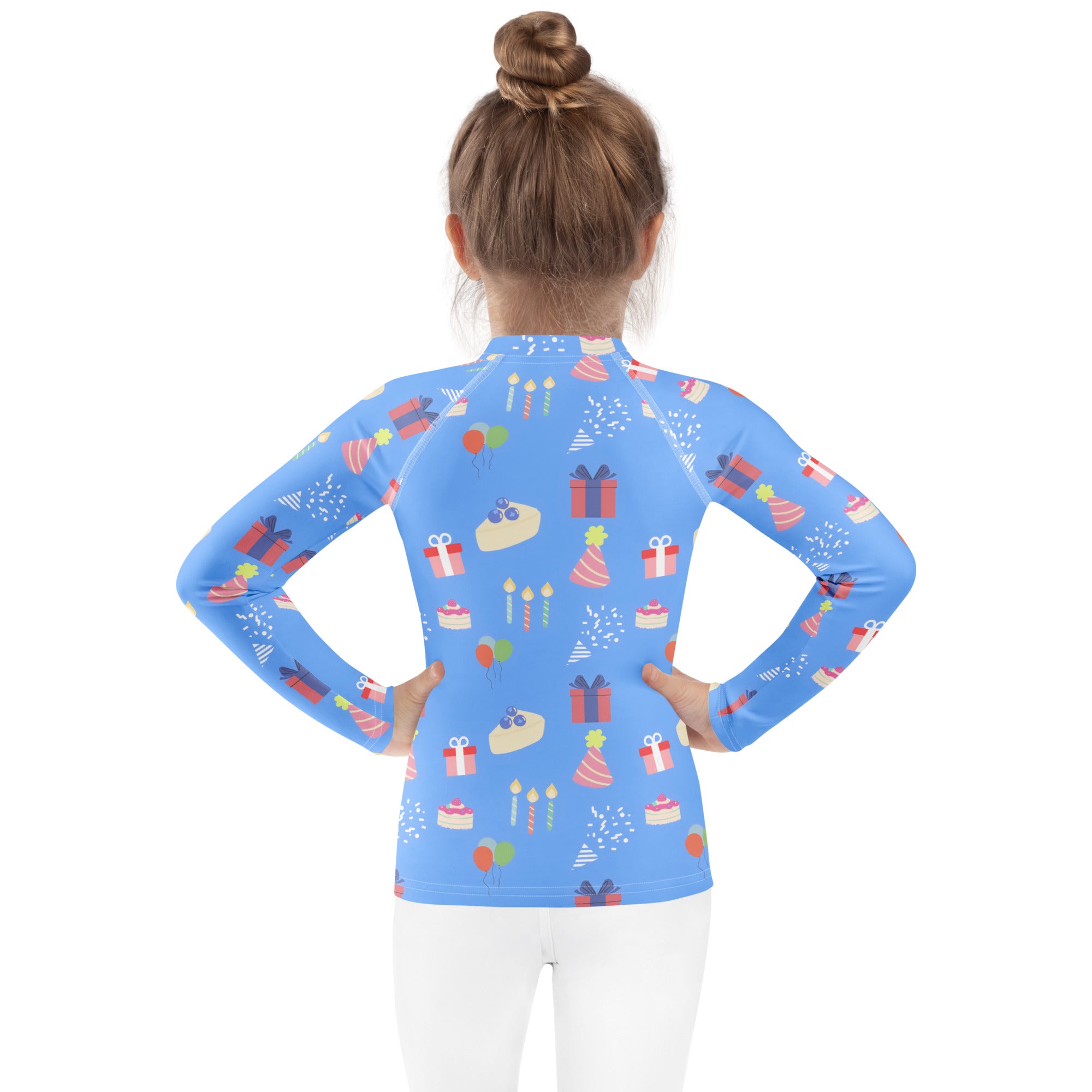 Kids blue long sleeve rash guard swim shirt with upf 50 plus featuring playful birthday gifts cakes candles and balloons pattern