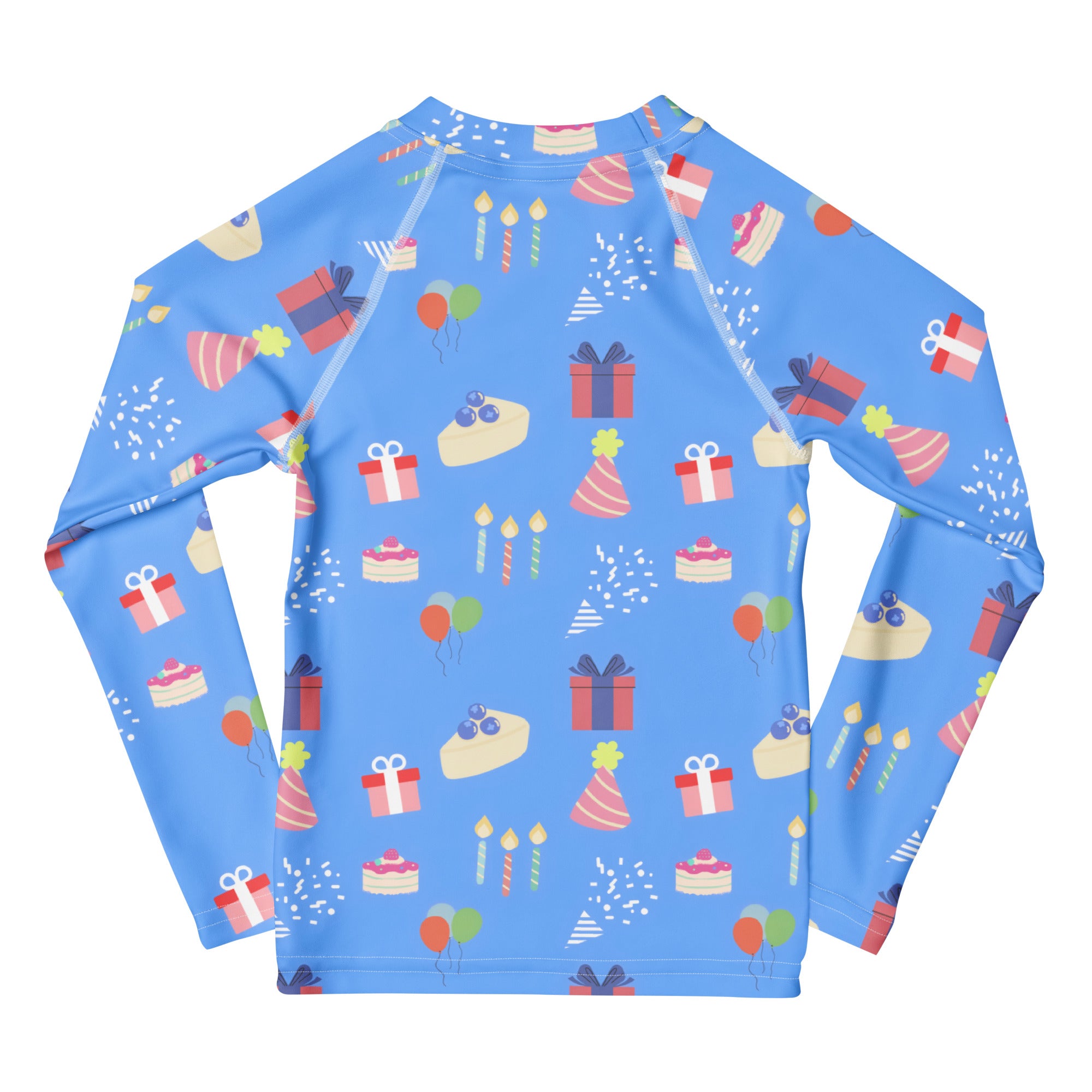 Kids blue long sleeve rash guard swim shirt with playful birthday cake and party pattern and upf 50 plus protection