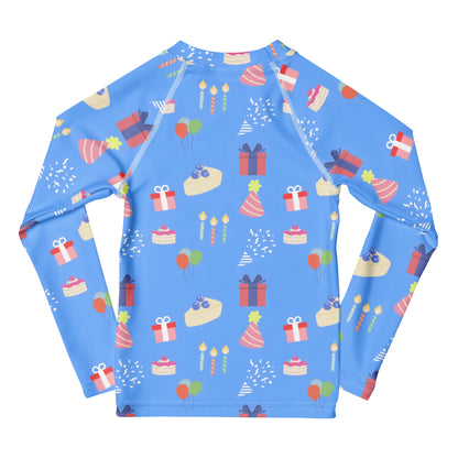 Kids Blue Birthday Party Long Sleeve Rash Guard Swim Shirt With UPF 50+