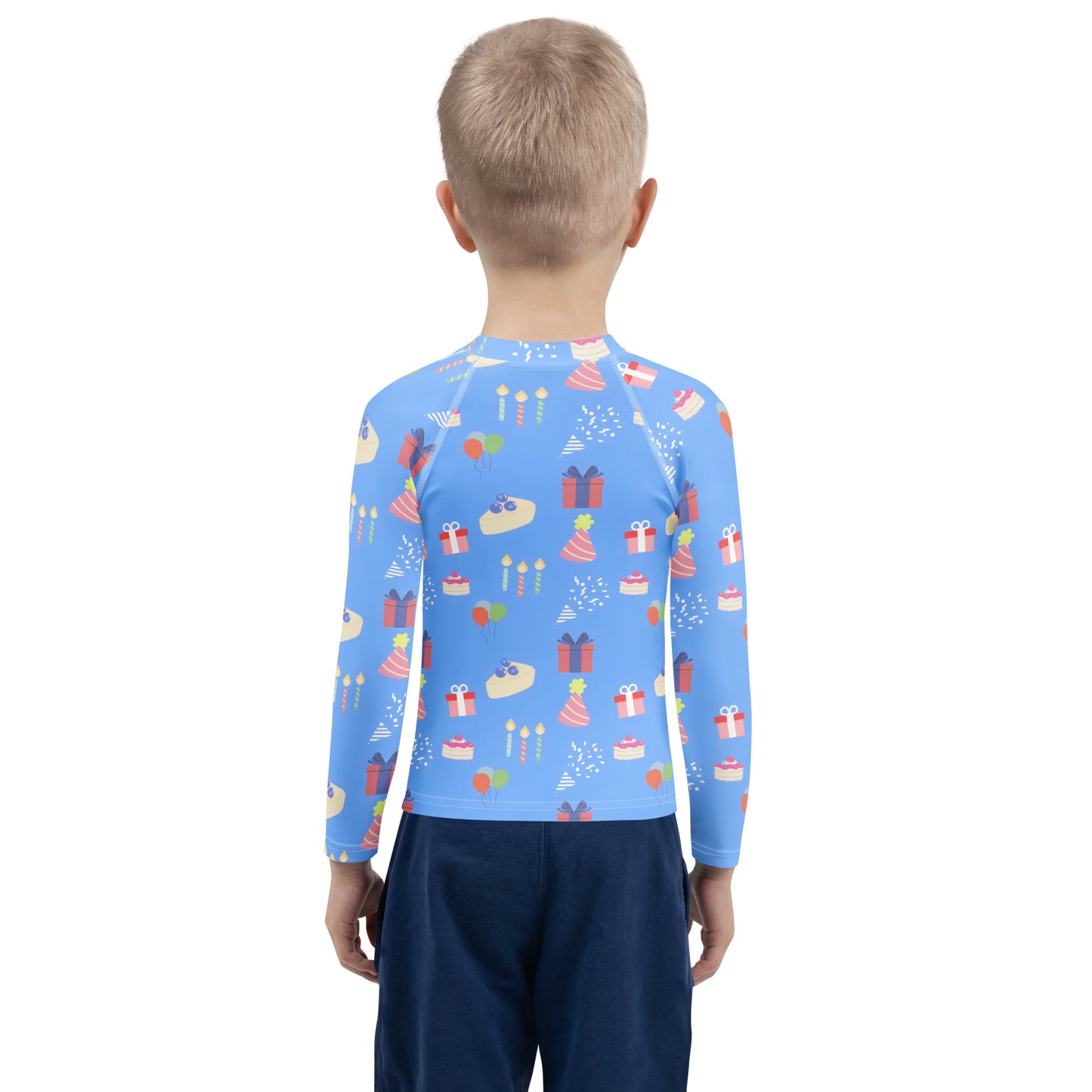 Kids Blue Birthday Party Long Sleeve Rash Guard Swim Shirt With UPF 50+
